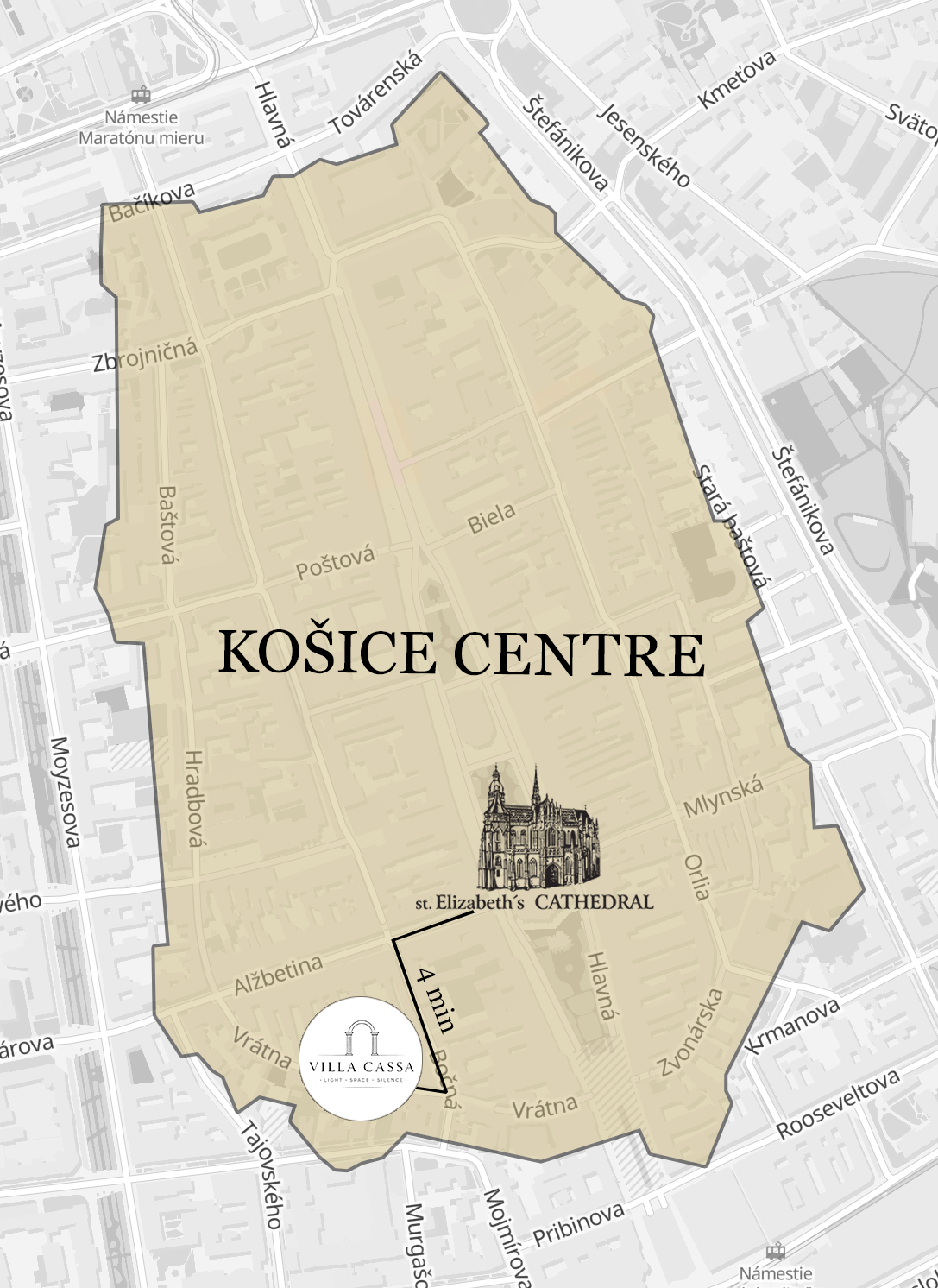 Košice centre walking map from Villa Cassa